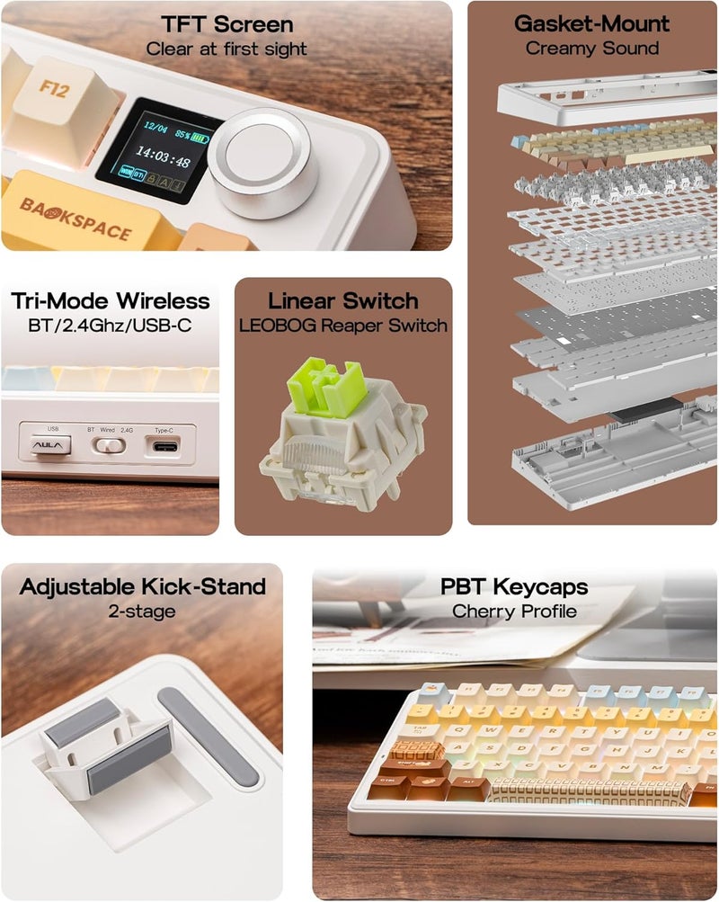 EPOMAKER X Aula F75 MAX Wireless Mechanical Keyboard with TFT Screen and Knob, Gasket Keyboard in 75% Layout, Hot Swappable Gaming Keyboard for PC/Mac/Linux (Caramel) - Image 2